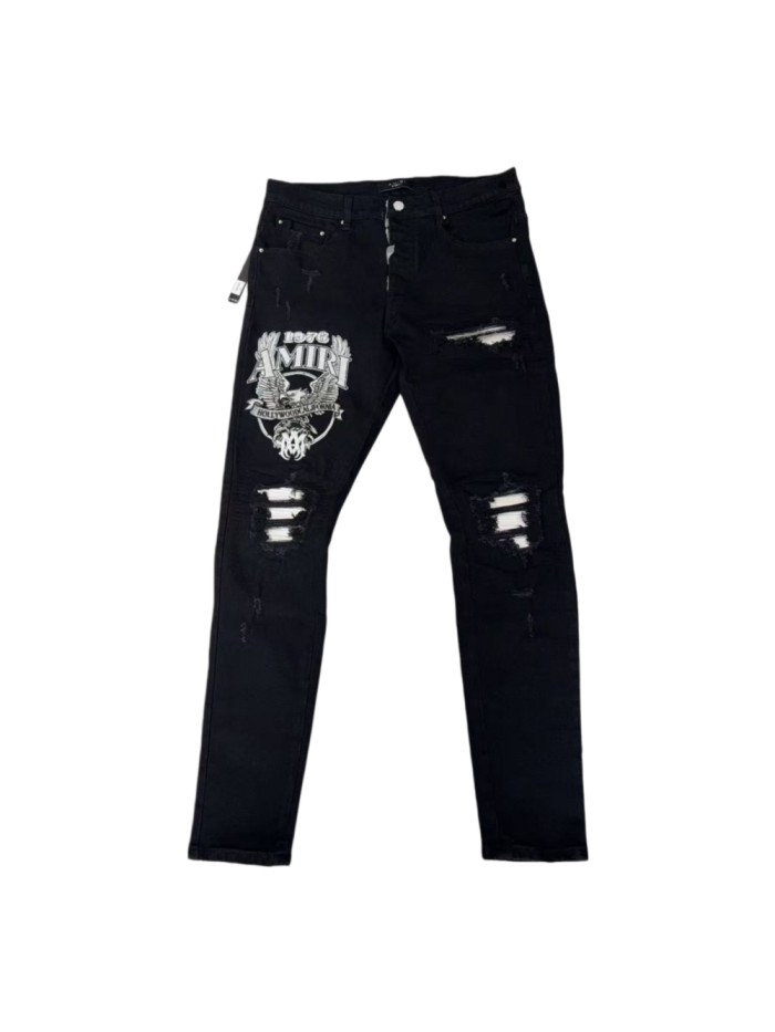 Amiri 1:1 quality version Y2K Eagle Badge Embroidery Print Frayed Cut Patch Slim Jeans 29382643