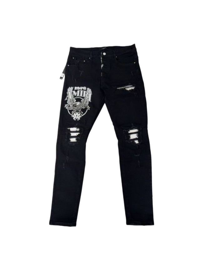 Amiri 1:1 quality version Y2K Eagle Badge Embroidery Print Frayed Cut Patch Slim Jeans 29382643