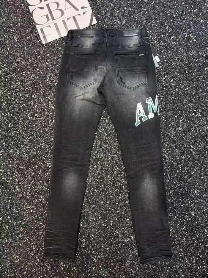 Amiri 1:1 quality version Streetwear Green Letter Patch Frayed Ripped Gradient Slim Washed Jeans 29382720