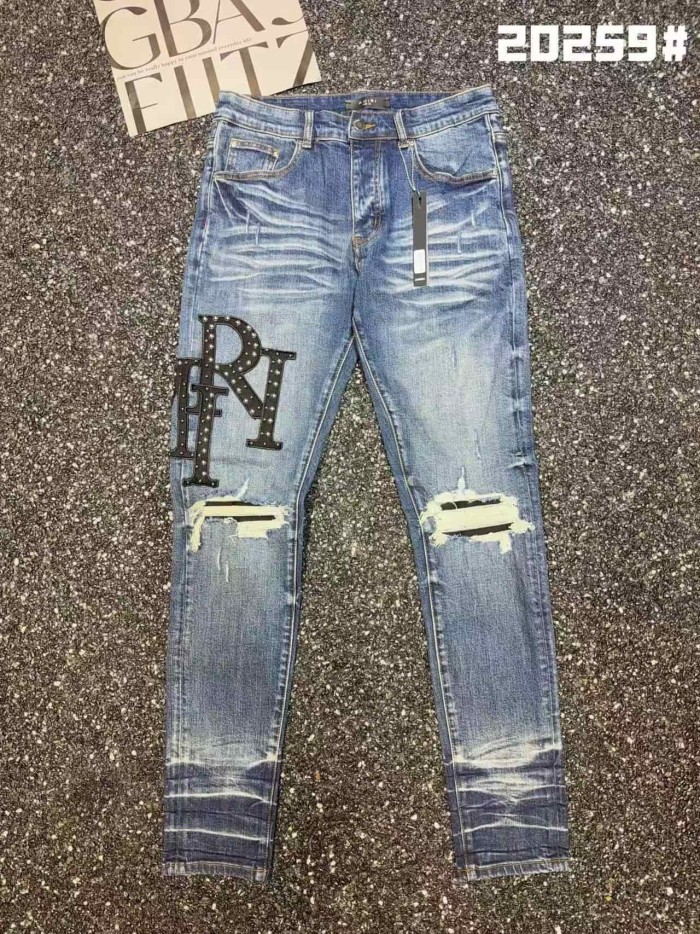 Amiri 1:1 quality version Streetwear Rivet Letter Patch Ripped Patch Slim Denim Washed Jeans 29382651