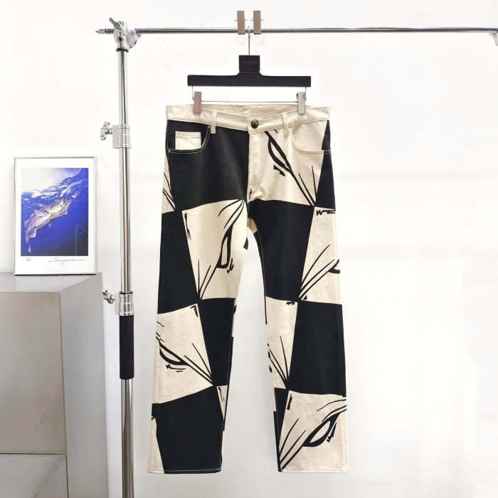 1:1 quality version Black And White Checkered Abstract Eye Print Straight Leg Denim Jeans 29382900