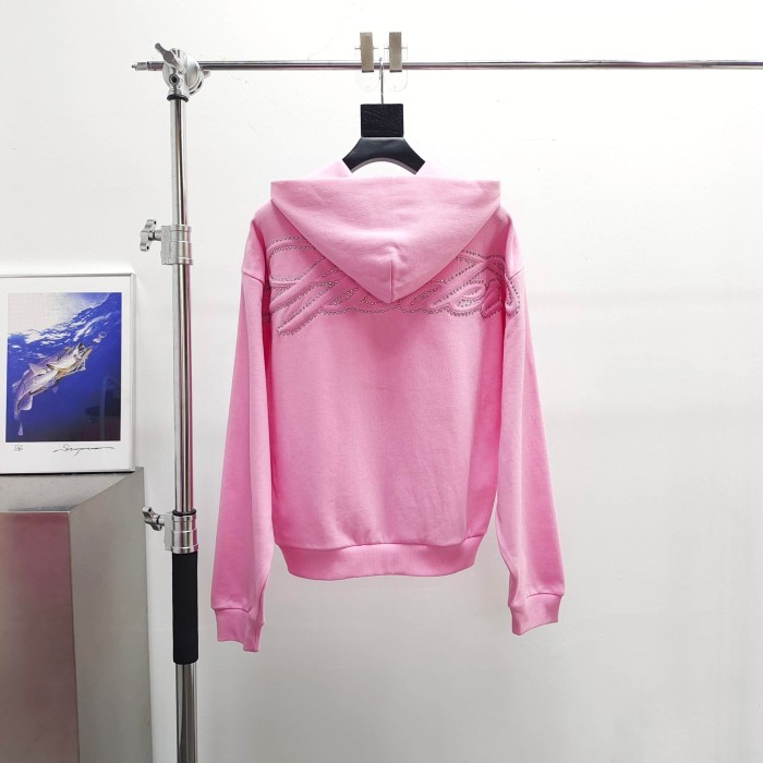 Sp5der [Big & Tall for weights up to 220 lbs]1:1 quality version 3D Letter Embroidered Rhinestone Stud Pink Zip Up Hoodie & Pants Set 29382871