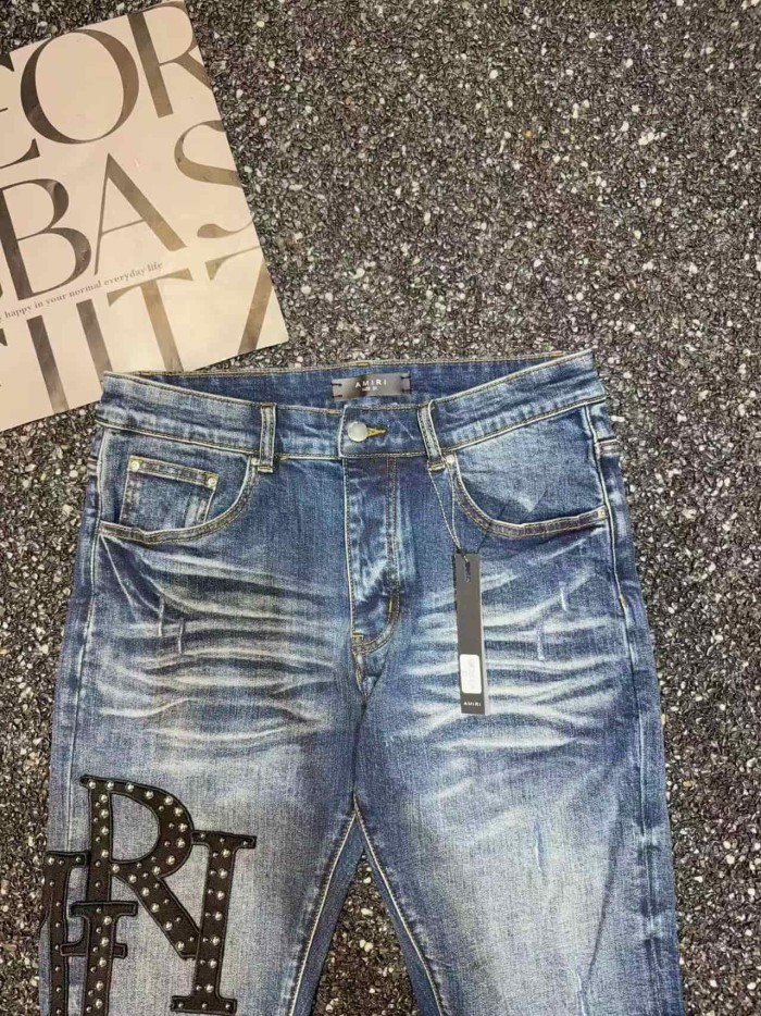 Amiri 1:1 quality version Streetwear Rivet Letter Patch Ripped Patch Slim Denim Washed Jeans 29382651