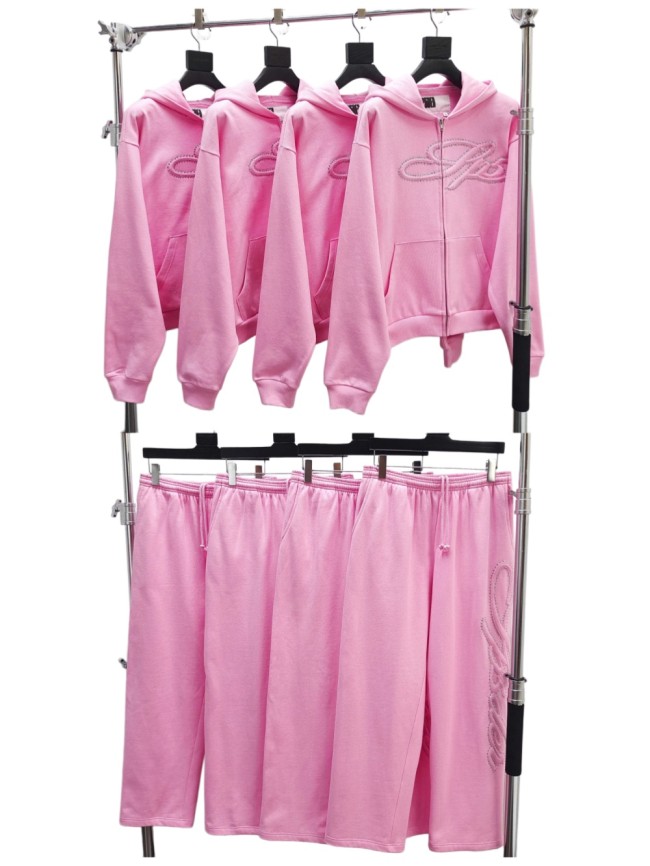 Sp5der [Big & Tall for weights up to 220 lbs]1:1 quality version 3D Letter Embroidered Rhinestone Stud Pink Zip Up Hoodie & Pants Set 29382871