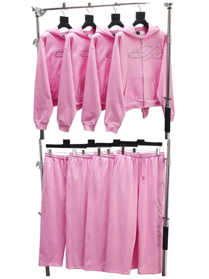 Sp5der [Big & Tall for weights up to 220 lbs]1:1 quality version 3D Letter Embroidered Rhinestone Stud Pink Zip Up Hoodie & Pants Set 29382871