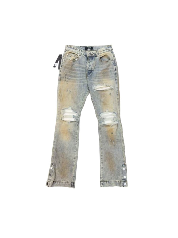 Amiri 1:1 quality version Streetwear Vintage Mud Wash Ripped Frayed Hem Button Split Flare Denim Jeans 29382730
