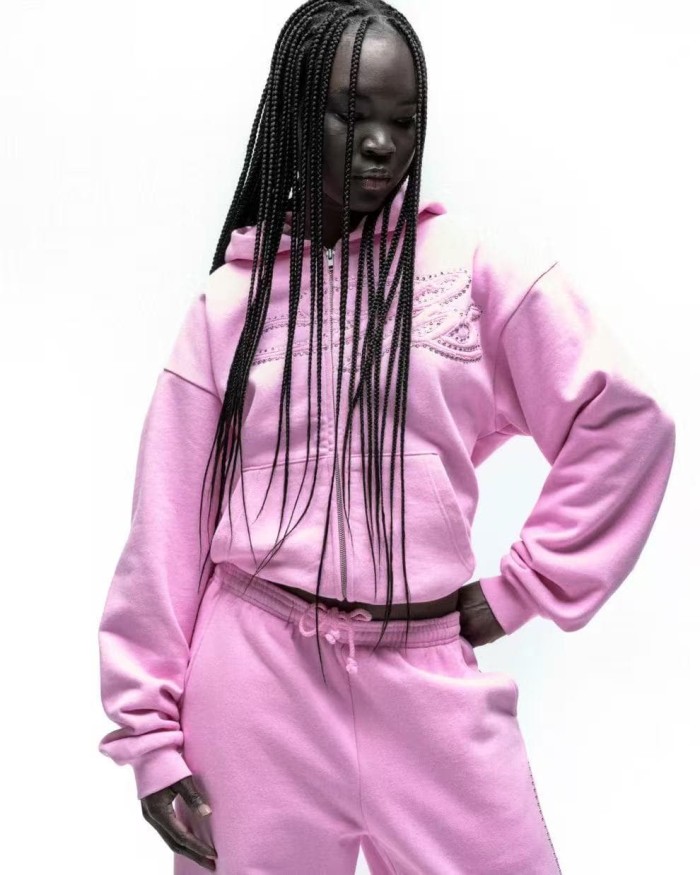 Sp5der [Big & Tall for weights up to 220 lbs]1:1 quality version 3D Letter Embroidered Rhinestone Stud Pink Zip Up Hoodie & Pants Set 29382871