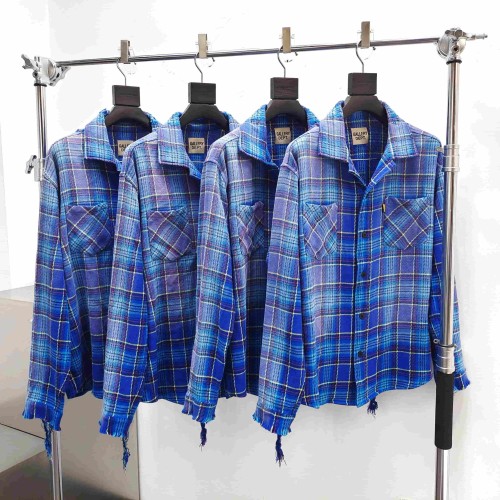 GaIIery Dept. [Big & Tall for weights up to 260 lbs]1:1 quality version Retro Washed Blue Plaid Destroyed Raw Edge Tassel Long Sleeve Shirt 29382848