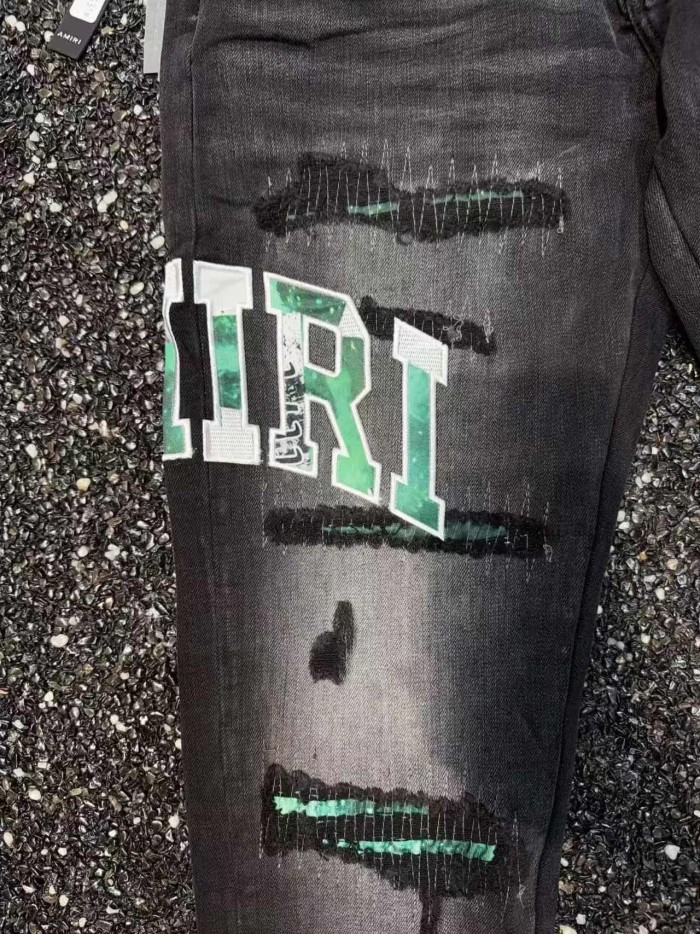 Amiri 1:1 quality version Streetwear Green Letter Patch Frayed Ripped Gradient Slim Washed Jeans 29382720