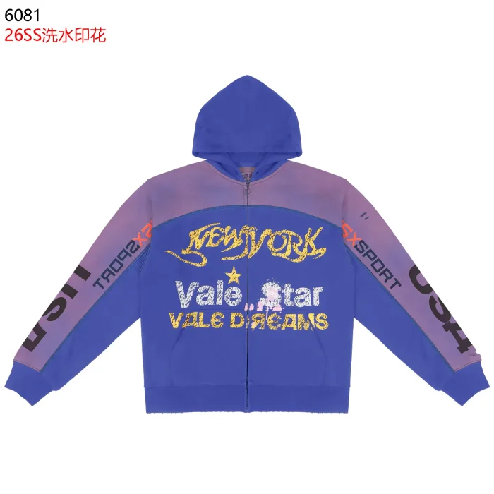 Streetwear Vintage Washed Color Block NEW YORK Letter Zip Up Hoodie & Wide Leg Sweatpants Set 2 colors 29383845