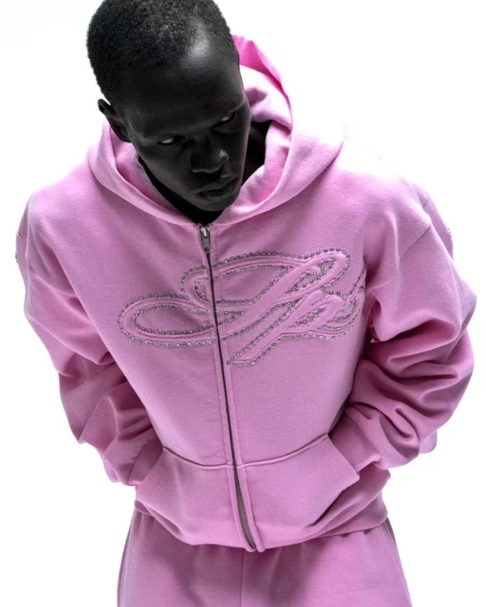 Sp5der [Big & Tall for weights up to 220 lbs]1:1 quality version 3D Letter Embroidered Rhinestone Stud Pink Zip Up Hoodie & Pants Set 29382871