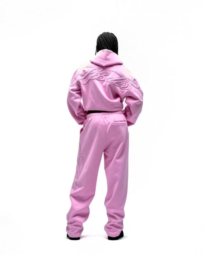 Sp5der [Big & Tall for weights up to 220 lbs]1:1 quality version 3D Letter Embroidered Rhinestone Stud Pink Zip Up Hoodie & Pants Set 29382871