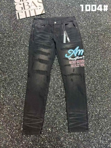 Amiri 1:1 quality version Streetwear Cursive Letter Embroidery Frayed Ripped Slim Washed Jeans 29382648