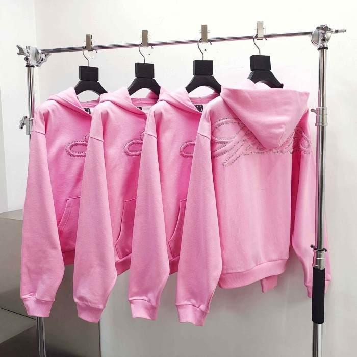Sp5der [Big & Tall for weights up to 220 lbs]1:1 quality version 3D Letter Embroidered Rhinestone Stud Pink Zip Up Hoodie & Pants Set 29382871