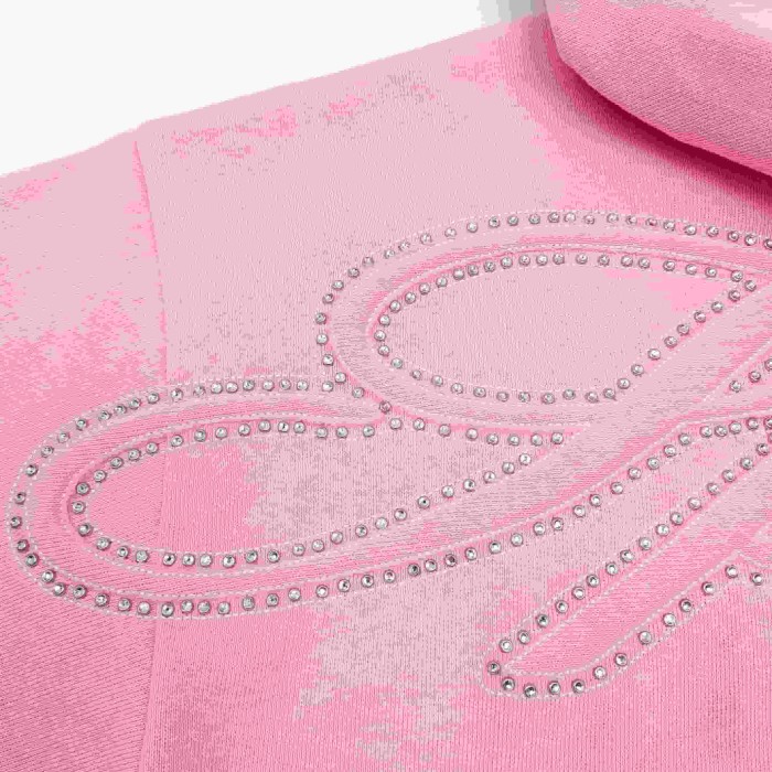 Sp5der [Big & Tall for weights up to 220 lbs]1:1 quality version 3D Letter Embroidered Rhinestone Stud Pink Zip Up Hoodie & Pants Set 29382871