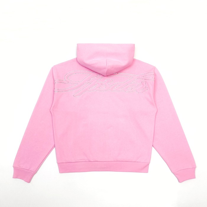 Sp5der [Big & Tall for weights up to 220 lbs]1:1 quality version 3D Letter Embroidered Rhinestone Stud Pink Zip Up Hoodie & Pants Set 29382871