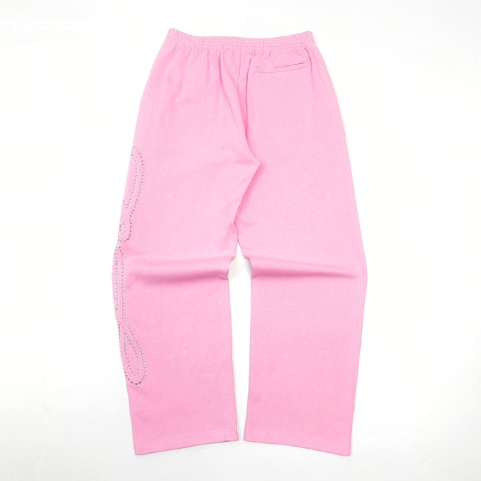 Sp5der [Big & Tall for weights up to 220 lbs]1:1 quality version 3D Letter Embroidered Rhinestone Stud Pink Zip Up Hoodie & Pants Set 29382871