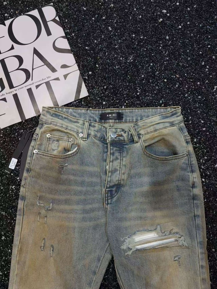 Amiri 1:1 quality version Streetwear Vintage Mud Wash Ripped Frayed Hem Button Split Flare Denim Jeans 29382730