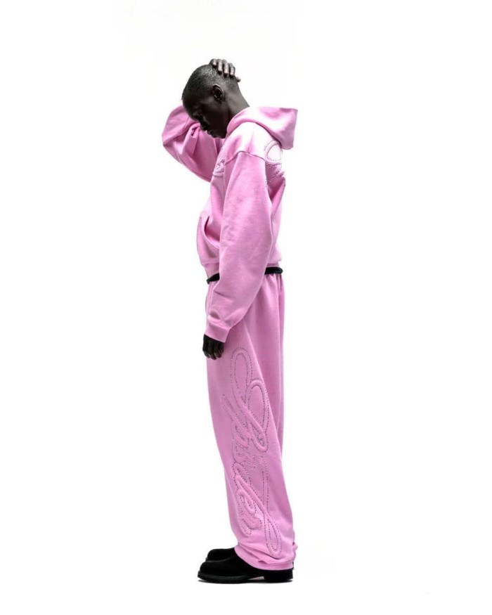 Sp5der [Big & Tall for weights up to 220 lbs]1:1 quality version 3D Letter Embroidered Rhinestone Stud Pink Zip Up Hoodie & Pants Set 29382871
