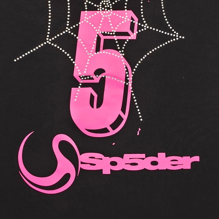 Sp5der [Big & Tall for weights up to 220 lbs]1:1 quality version Pink Number 5 Rhinestone Spider Web Long Staple Cotton Tee 29382859