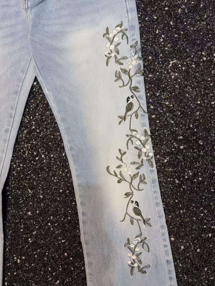 Amiri 1:1 quality version Streetwear Vintage Wash Bird Floral Embroidery Slim Flare Denim Jeans 29382742
