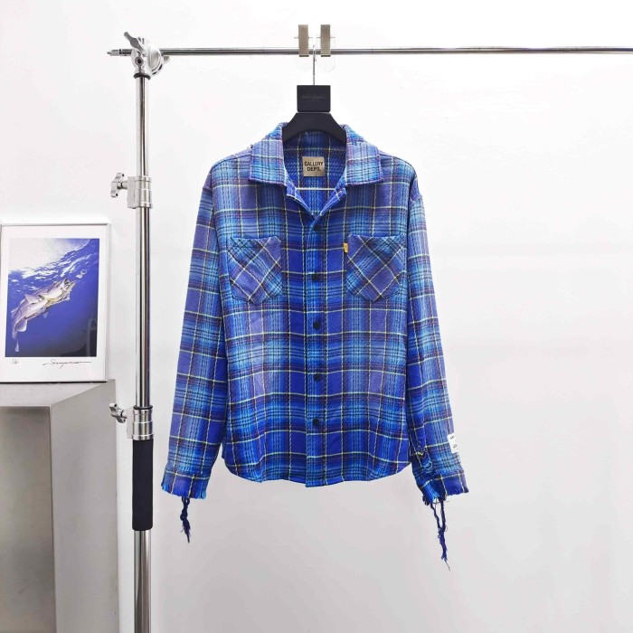 GaIIery Dept. [Big & Tall for weights up to 260 lbs]1:1 quality version Retro Washed Blue Plaid Destroyed Raw Edge Tassel Long Sleeve Shirt 29382848