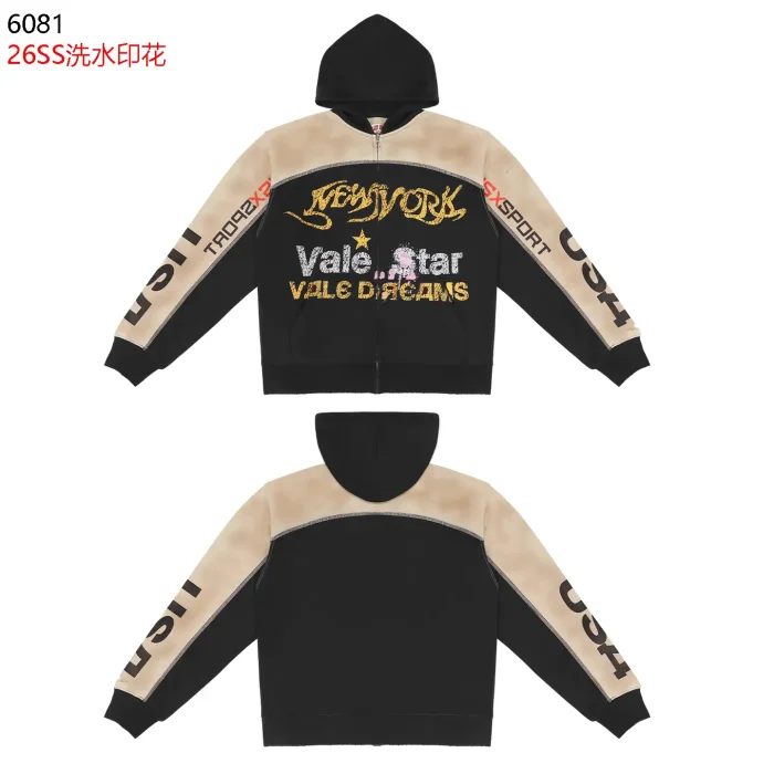 Streetwear Vintage Washed Color Block NEW YORK Letter Zip Up Hoodie & Wide Leg Sweatpants Set 2 colors 29383845