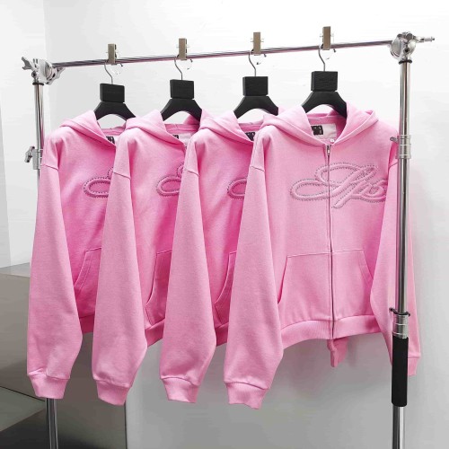 Sp5der [Big & Tall for weights up to 220 lbs]1:1 quality version 3D Letter Embroidered Rhinestone Stud Pink Zip Up Hoodie & Pants Set 29382871