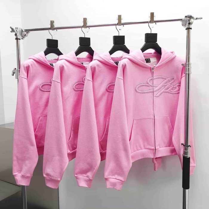 Sp5der [Big & Tall for weights up to 220 lbs]1:1 quality version 3D Letter Embroidered Rhinestone Stud Pink Zip Up Hoodie & Pants Set 29382871