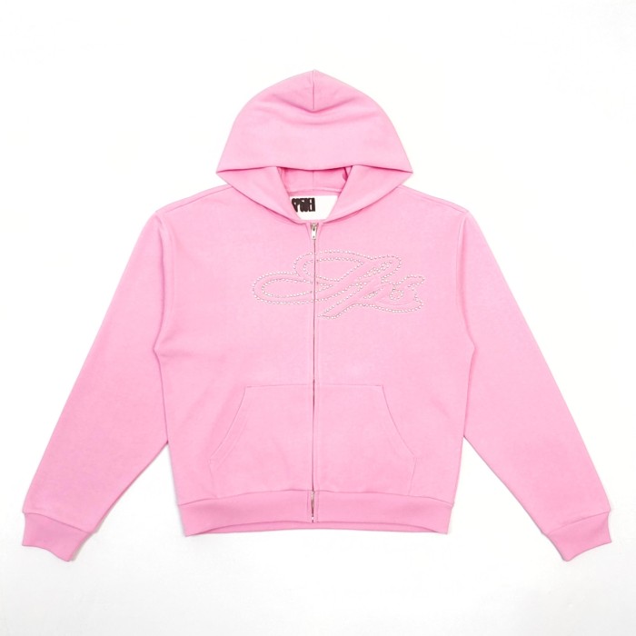 Sp5der [Big & Tall for weights up to 220 lbs]1:1 quality version 3D Letter Embroidered Rhinestone Stud Pink Zip Up Hoodie & Pants Set 29382871