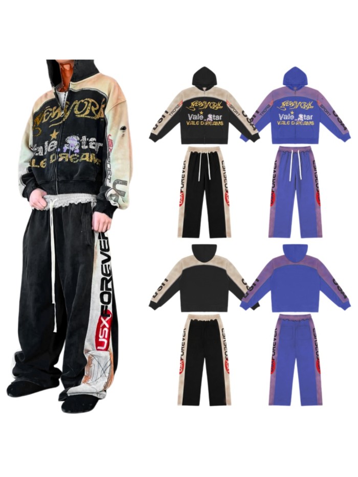 Streetwear Vintage Washed Color Block NEW YORK Letter Zip Up Hoodie & Wide Leg Sweatpants Set 2 colors 29383845
