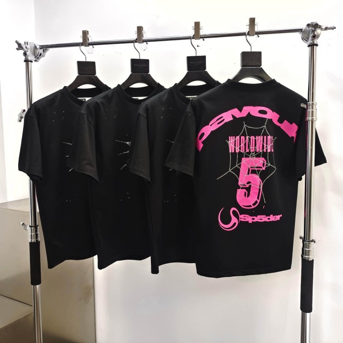 Sp5der [Big & Tall for weights up to 220 lbs]1:1 quality version Pink Number 5 Rhinestone Spider Web Long Staple Cotton Tee 29382859