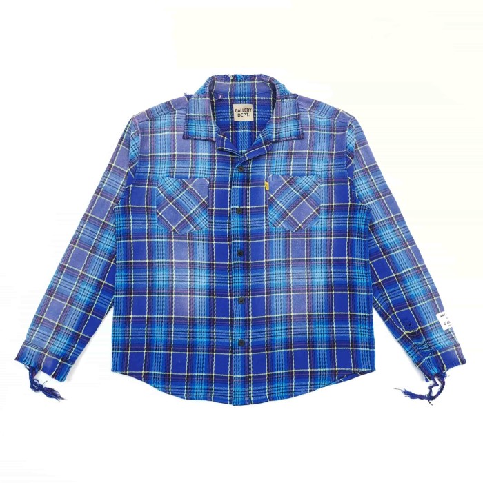 GaIIery Dept. [Big & Tall for weights up to 260 lbs]1:1 quality version Retro Washed Blue Plaid Destroyed Raw Edge Tassel Long Sleeve Shirt 29382848