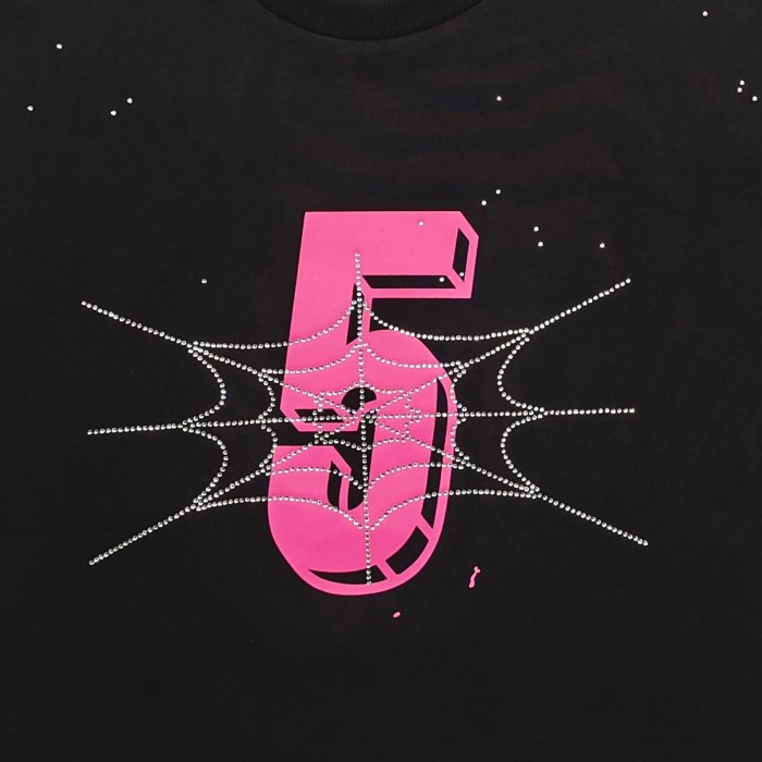 Sp5der [Big & Tall for weights up to 220 lbs]1:1 quality version Pink Number 5 Rhinestone Spider Web Long Staple Cotton Tee 29382859