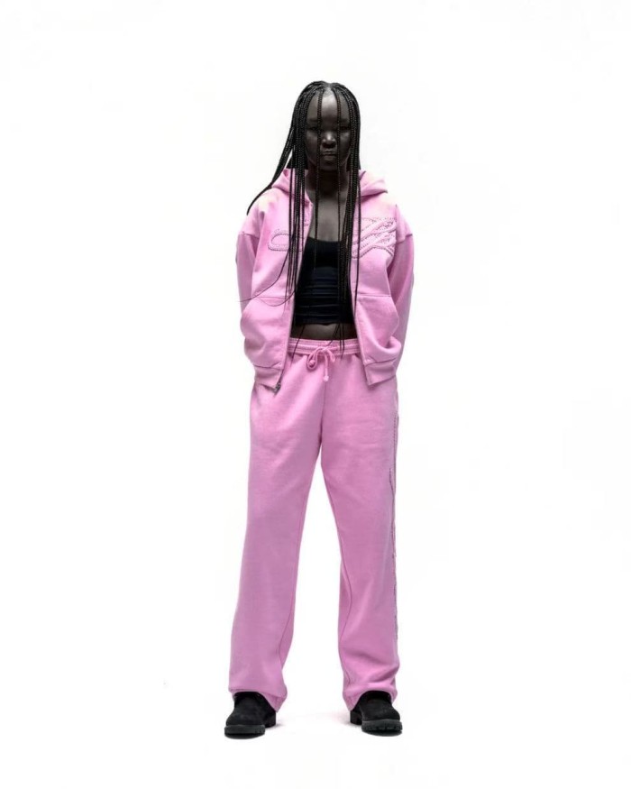 Sp5der [Big & Tall for weights up to 220 lbs]1:1 quality version 3D Letter Embroidered Rhinestone Stud Pink Zip Up Hoodie & Pants Set 29382871