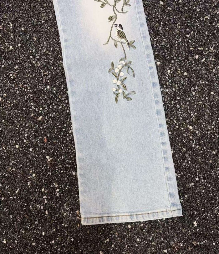 Amiri 1:1 quality version Streetwear Vintage Wash Bird Floral Embroidery Slim Flare Denim Jeans 29382742