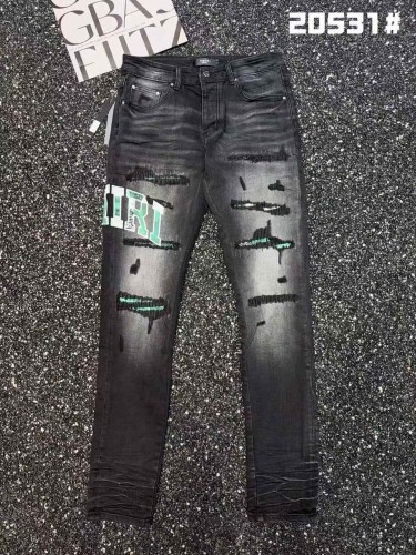 Amiri 1:1 quality version Streetwear Green Letter Patch Frayed Ripped Gradient Slim Washed Jeans 29382720