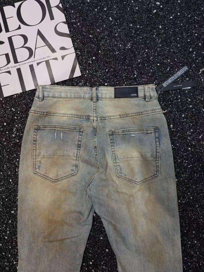 Amiri 1:1 quality version Streetwear Vintage Mud Wash Ripped Frayed Hem Button Split Flare Denim Jeans 29382730