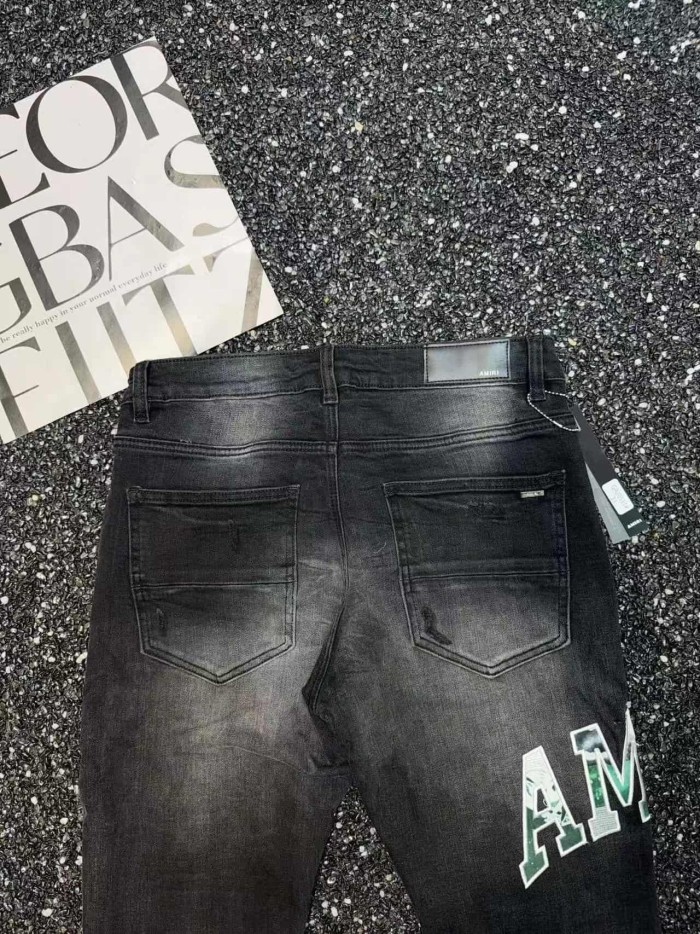 Amiri 1:1 quality version Streetwear Green Letter Patch Frayed Ripped Gradient Slim Washed Jeans 29382720