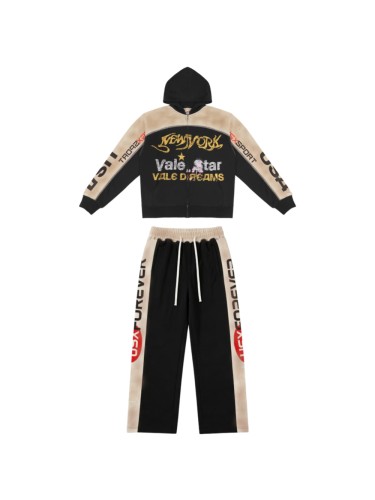 Streetwear Vintage Washed Color Block NEW YORK Letter Zip Up Hoodie & Wide Leg Sweatpants Set 2 colors 29383845
