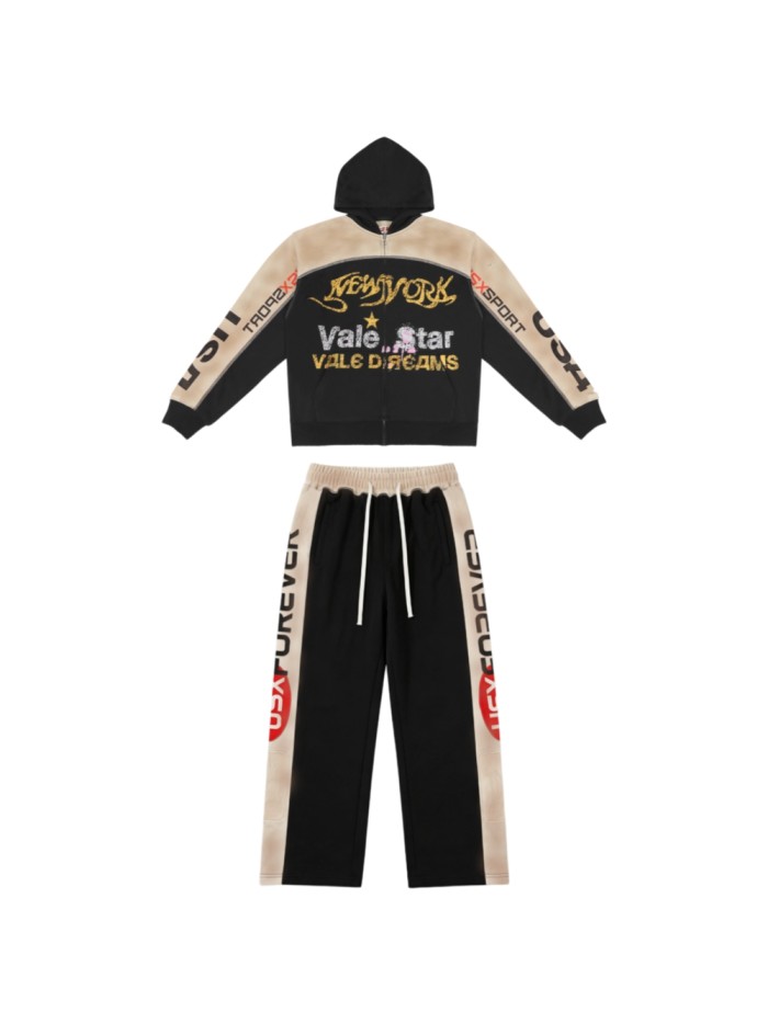 Streetwear Vintage Washed Color Block NEW YORK Letter Zip Up Hoodie & Wide Leg Sweatpants Set 2 colors 29383845