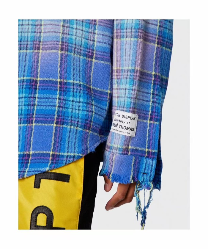 GaIIery Dept. [Big & Tall for weights up to 260 lbs]1:1 quality version Retro Washed Blue Plaid Destroyed Raw Edge Tassel Long Sleeve Shirt 29382848