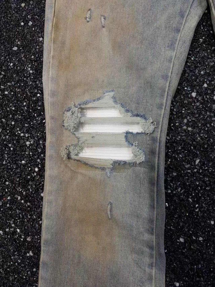 Amiri 1:1 quality version Streetwear Vintage Mud Wash Ripped Frayed Hem Button Split Flare Denim Jeans 29382730
