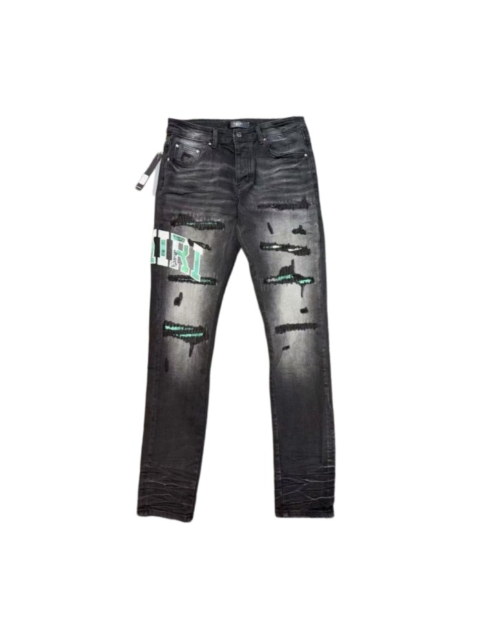 Amiri 1:1 quality version Streetwear Green Letter Patch Frayed Ripped Gradient Slim Washed Jeans 29382720