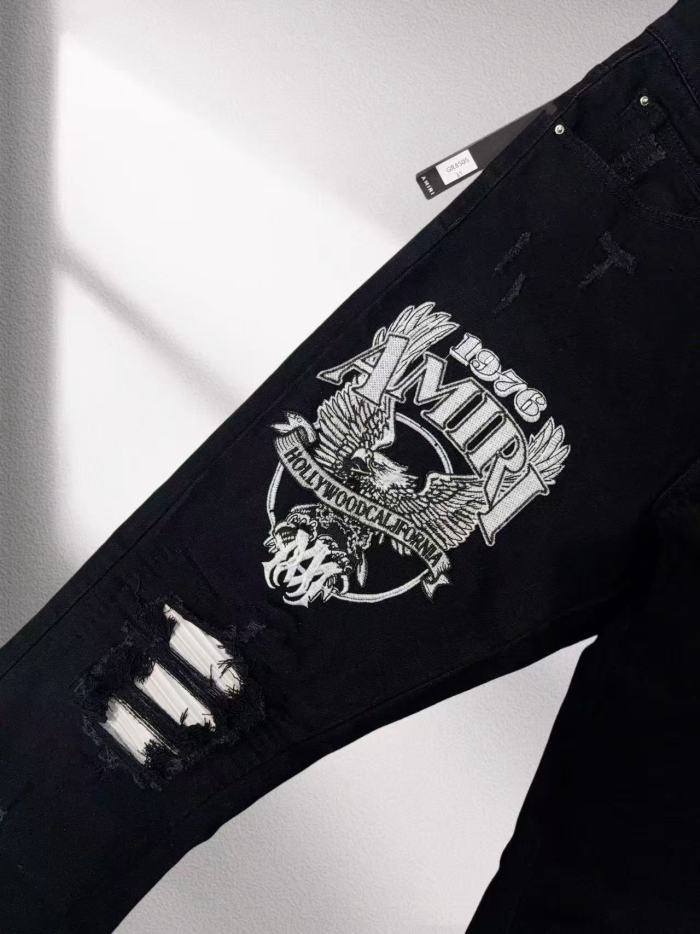 Amiri 1:1 quality version Y2K Eagle Badge Embroidery Print Frayed Cut Patch Slim Jeans 29382643