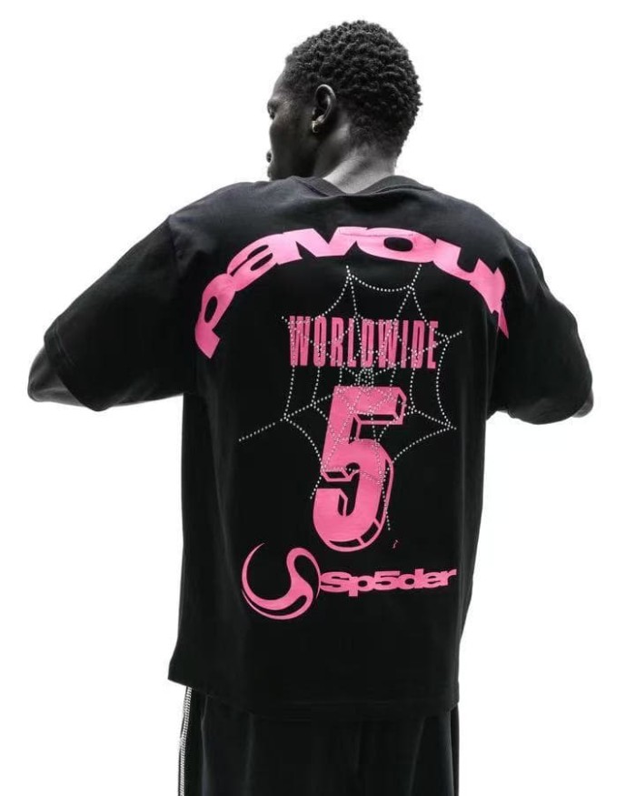 Sp5der [Big & Tall for weights up to 220 lbs]1:1 quality version Pink Number 5 Rhinestone Spider Web Long Staple Cotton Tee 29382859