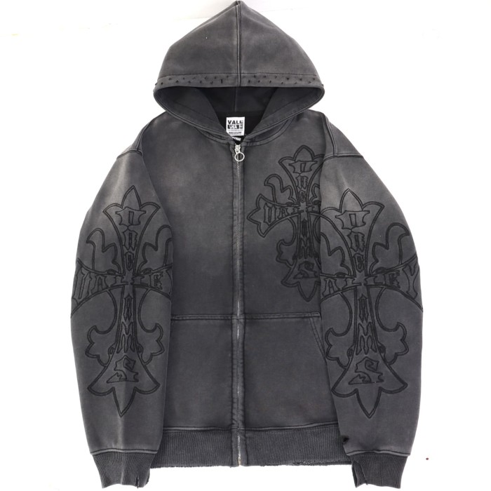 Gothic Streetwear Vintage Washed Cross Embroidery Cropped Zip Up Hoodie & Wide Leg Sweatpants Set 3 colors 29383974