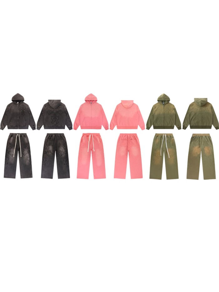 Gothic Streetwear Vintage Washed Cross Embroidery Cropped Zip Up Hoodie & Wide Leg Sweatpants Set 3 colors 29383974