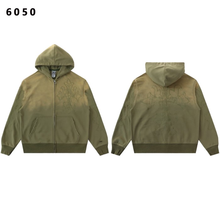 Gothic Streetwear Vintage Washed Cross Embroidery Cropped Zip Up Hoodie & Wide Leg Sweatpants Set 3 colors 29383974