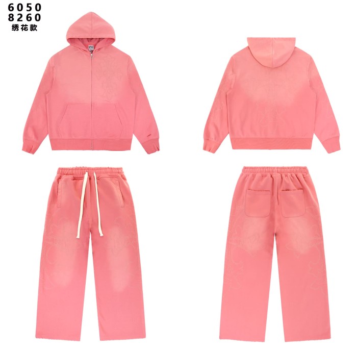 Gothic Streetwear Vintage Washed Cross Embroidery Cropped Zip Up Hoodie & Wide Leg Sweatpants Set 3 colors 29383974